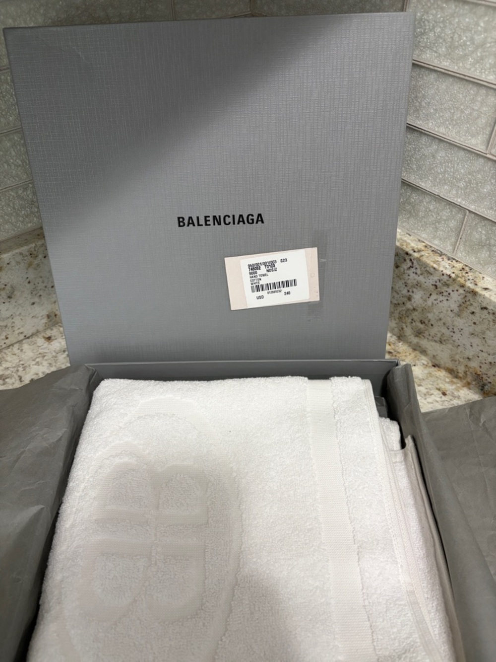 Balenciaga White Embossed Logo Cotton Hand Towel